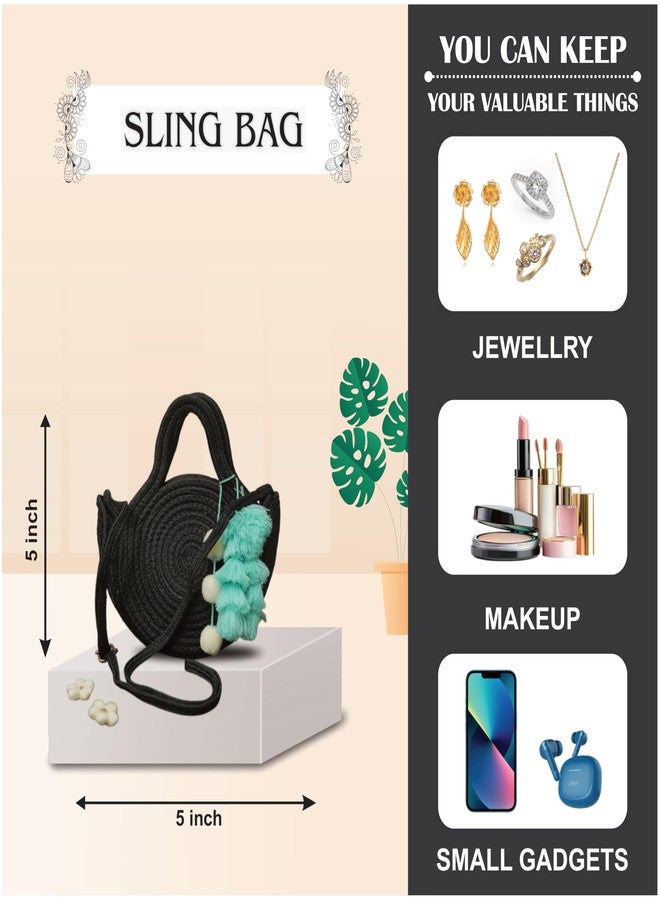 Ariya Women Sling Bag with Tassel Charm (4063 | Black) Handcrafted PP & Cotton Blend Shoulder Purse, Perfect for Ladies & Girls, Lightweight Crossbody Bag for Daily Use, Casual, Travel & All Occasions - Image 3